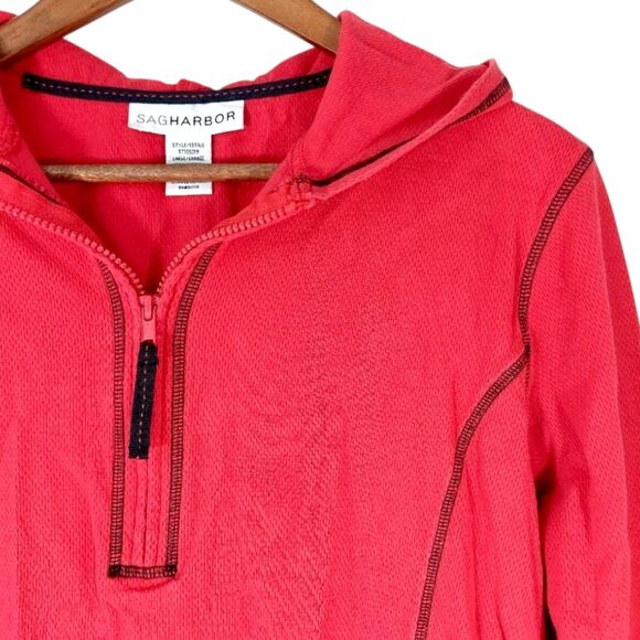 Sag Harbor Red 3/4 Zip Textured Contrast Stitch Pullover Hoodie Sz L - Picture 7 of 11